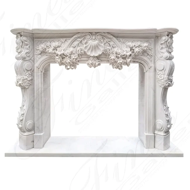 Ornate French Marble Fireplace with Rose Garlands in Deep Relief